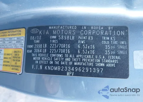 2009 Kia Sedona Lx z USA, uszkodzony, nr VIN KNDMB233496291397